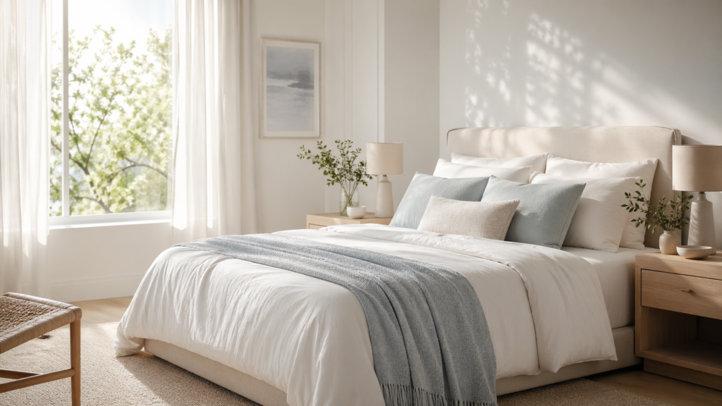 Dormitorio luminoso y acogedor con cama preparada para dormir mejor en primavera sin alergia