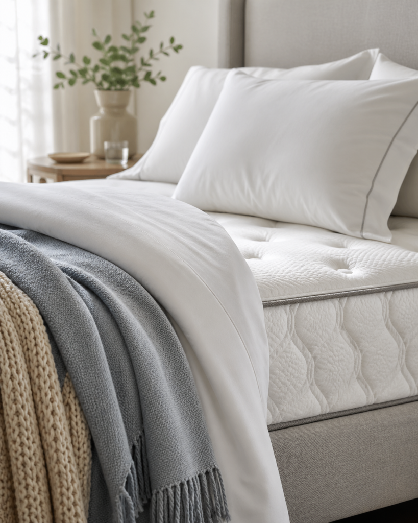 Detalle de colchón y almohada limpios para dormir mejor en primavera sin alergia
