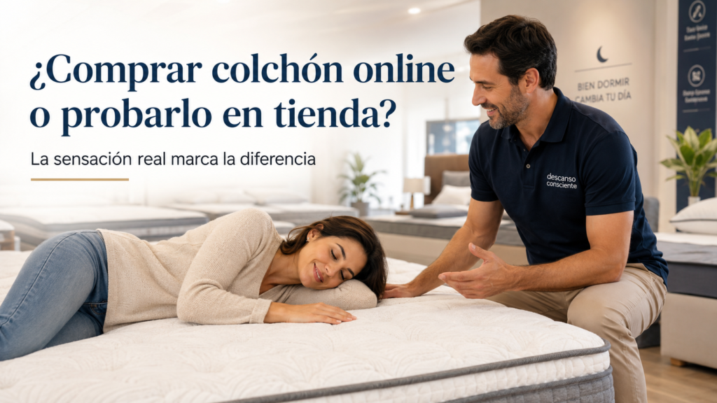Cliente probando un colchón en tienda con asesor de descanso explicando sus características.