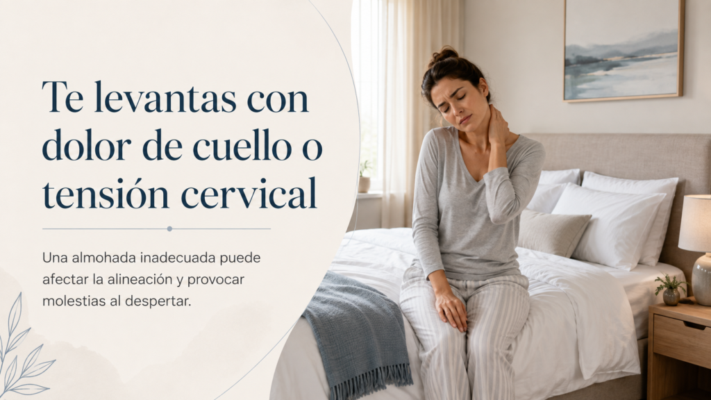 Mujer sentada en la cama tocándose el cuello con gesto de molestia, representando dolor cervical al despertar por una almohada inadecuada.