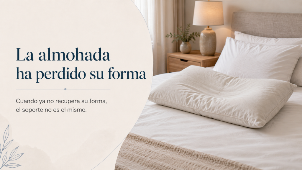 Almohada blanca hundida y deformada sobre una cama, mostrando una señal clara de desgaste y pérdida de soporte.