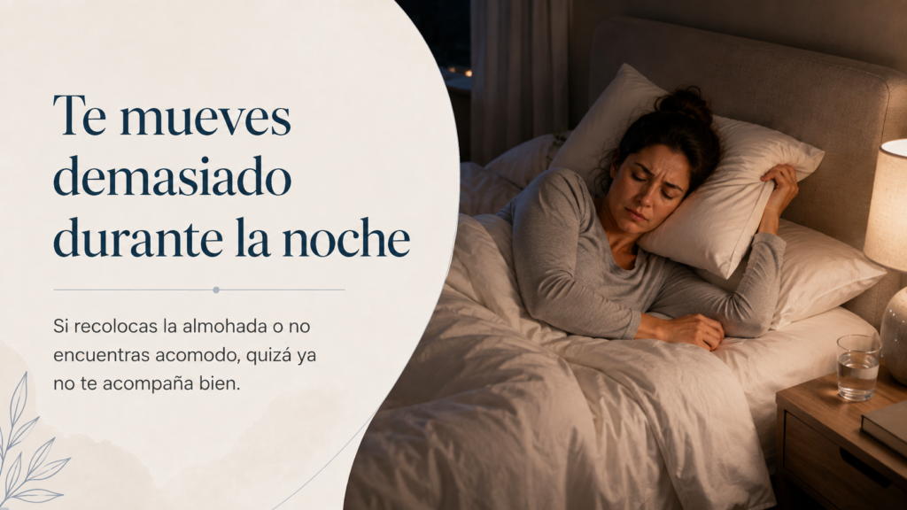 Mujer en la cama recolocando la almohada durante la noche, señal de incomodidad y falta de apoyo adecuado para descansar.