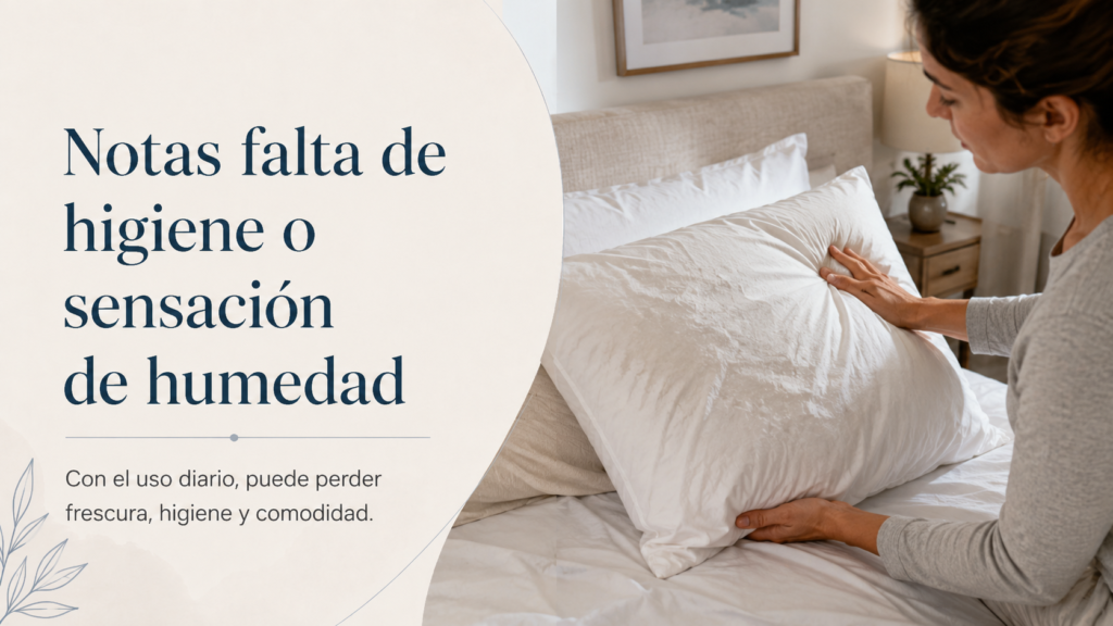 Persona revisando una almohada blanca sobre la cama, relacionada con la pérdida de frescura, higiene y comodidad con el uso diario.