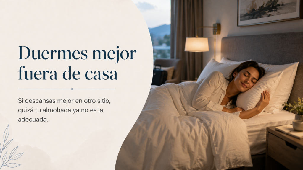 Mujer descansando cómodamente en una cama fuera de casa, indicando que una almohada diferente puede mejorar el descanso.