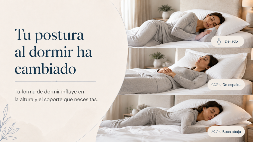 Comparativa de posturas al dormir de lado, boca arriba y boca abajo para elegir la almohada adecuada según la posición de descanso.