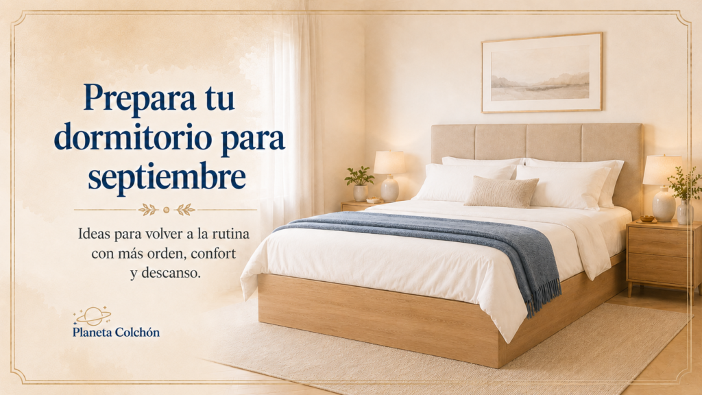 Dormitorio acogedor preparado para septiembre con cama, cabecero tapizado, canapé de madera y manta azul, con texto sobre descanso, orden y confort.