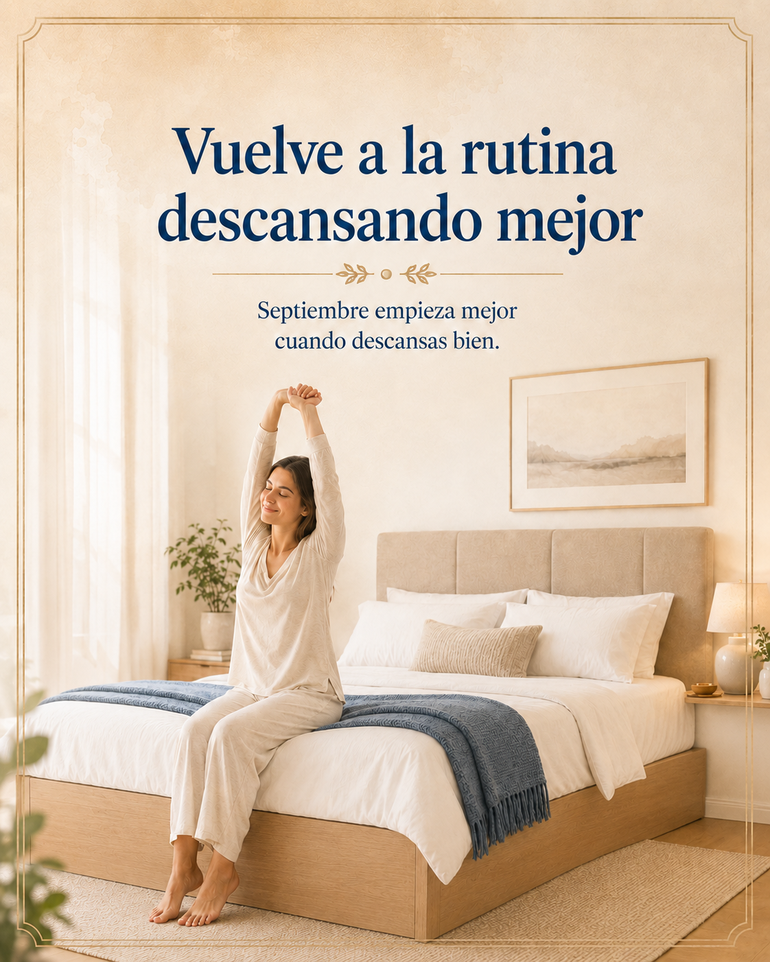 Mujer despertando y estirándose sobre una cama luminosa, representando la vuelta a la rutina y la importancia de descansar mejor en septiembre.
