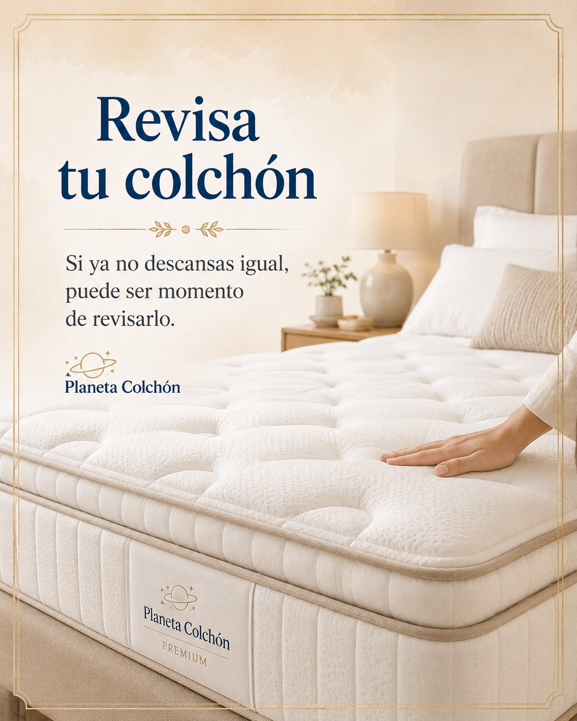 Detalle de un colchón blanco con una mano revisando su superficie, acompañado del mensaje sobre la importancia de comprobar el estado del colchón.