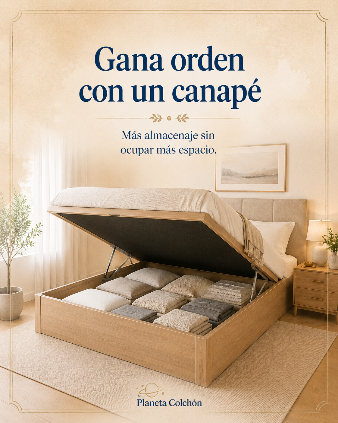 Canapé de madera abierto con ropa de cama, mantas y almohadas guardadas en su interior, mostrando una solución práctica para ganar orden y almacenaje.