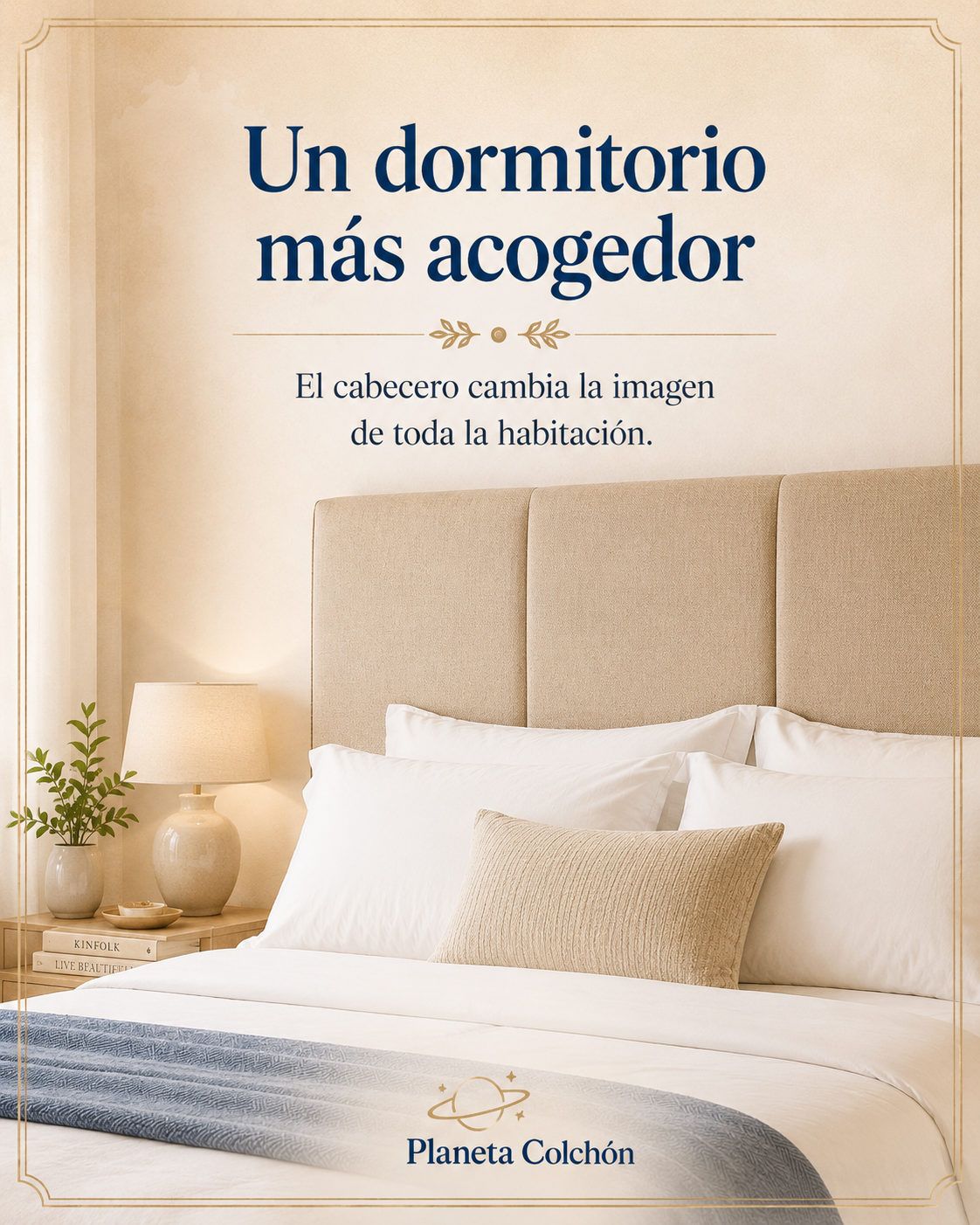 Dormitorio cálido con cama vestida en tonos claros, cabecero tapizado beige y manta azul, destacando cómo el cabecero mejora la imagen de la habitación.