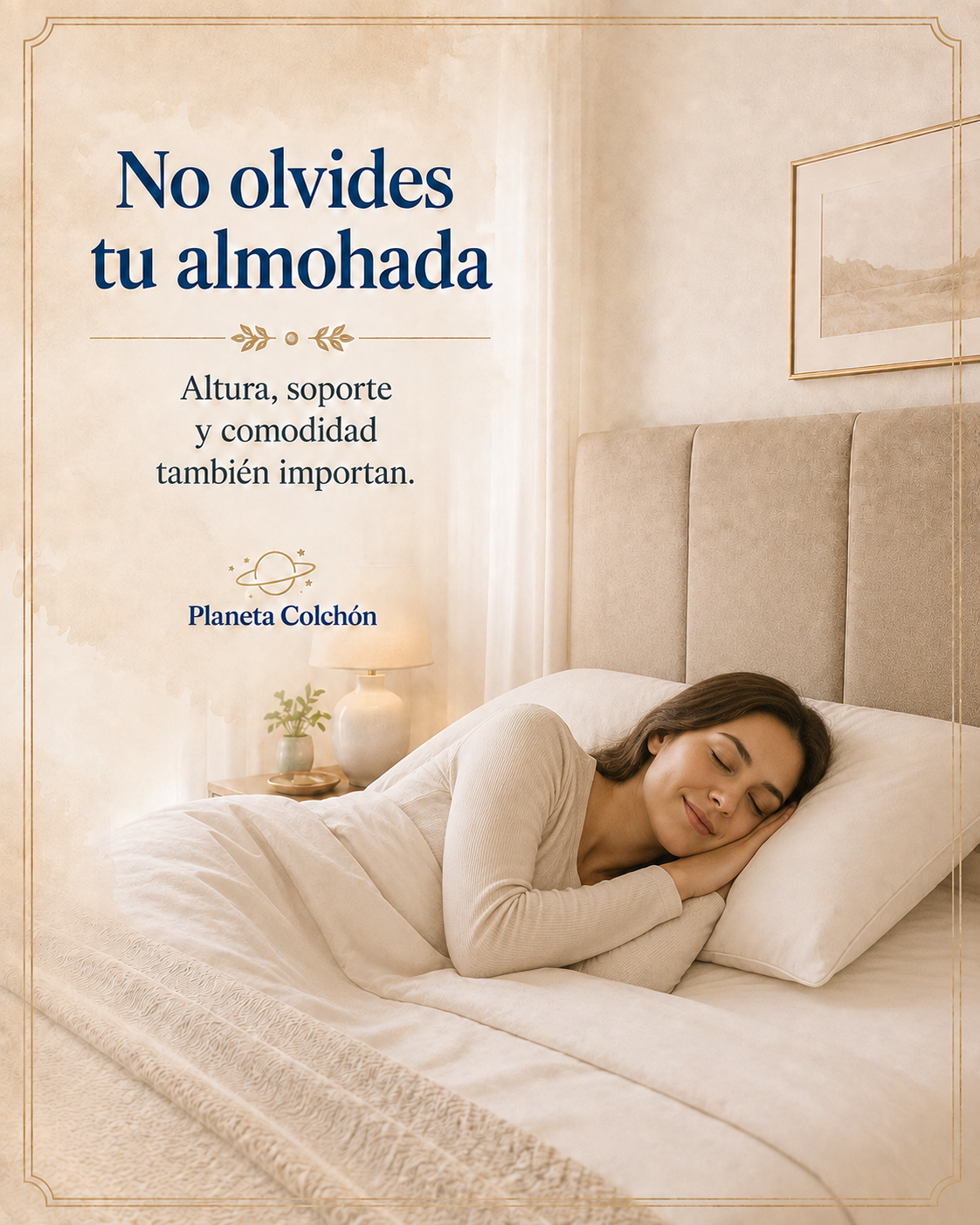Mujer durmiendo de lado sobre una almohada blanca en una cama clara, representando la importancia de elegir una almohada cómoda con buen soporte.