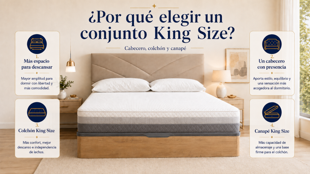 Conjunto King Size con cabecero, colchón y canapé en dormitorio elegante, destacando amplitud, comodidad y almacenaje.