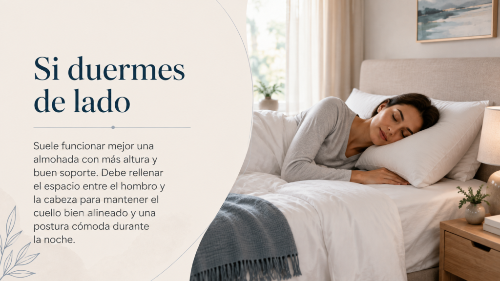 Persona durmiendo de lado sobre una almohada blanca en un dormitorio luminoso, con texto explicando la importancia de elegir una almohada con más altura y buen soporte.