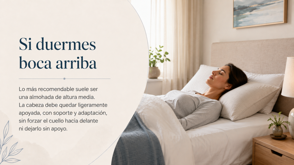 Persona durmiendo boca arriba con una almohada de altura media, mostrando una postura relajada y alineada para favorecer el descanso.
