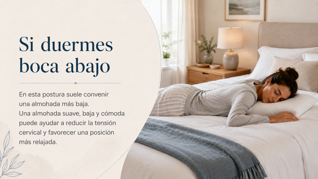 Persona durmiendo boca abajo sobre una almohada baja, con texto sobre la importancia de evitar tensión cervical en esta postura.
