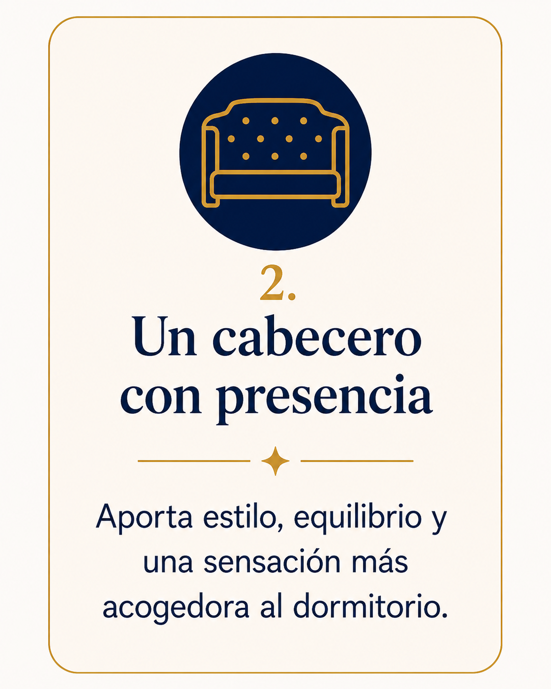 Tarjeta informativa sobre cabecero King Size con icono decorativo y texto sobre estilo, equilibrio y sensación acogedora en el dormitorio.