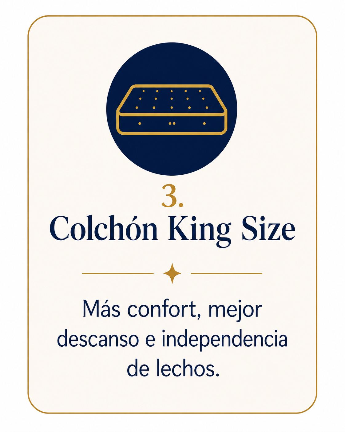 Tarjeta informativa sobre colchón King Size con icono de colchón y texto sobre confort, descanso e independencia de lechos.