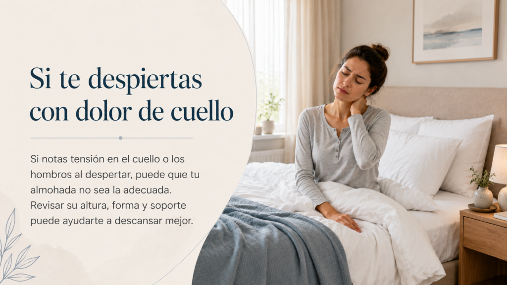 Persona sentada en la cama tocándose el cuello al despertar, representando molestias cervicales relacionadas con una almohada inadecuada.
