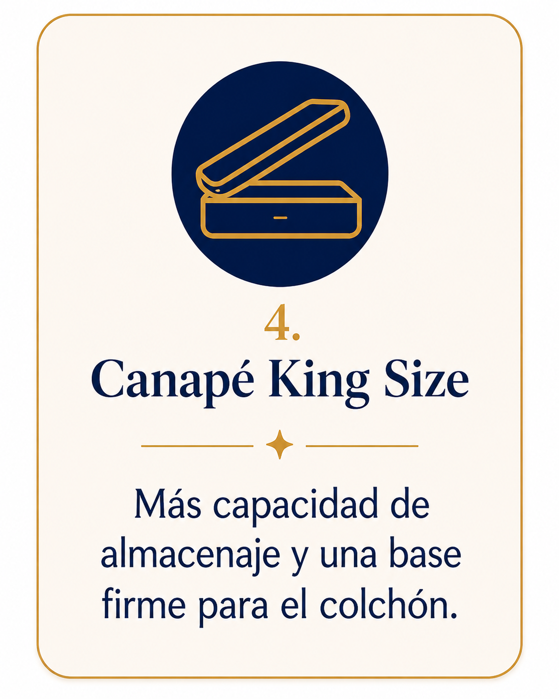 Tarjeta informativa sobre canapé King Size con icono de canapé abatible y texto sobre capacidad de almacenaje y base firme para el colchón.