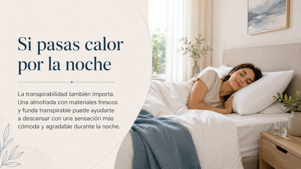 Persona descansando sobre una almohada transpirable en un dormitorio fresco y luminoso, con manta azul y ambiente cómodo para dormir mejor.