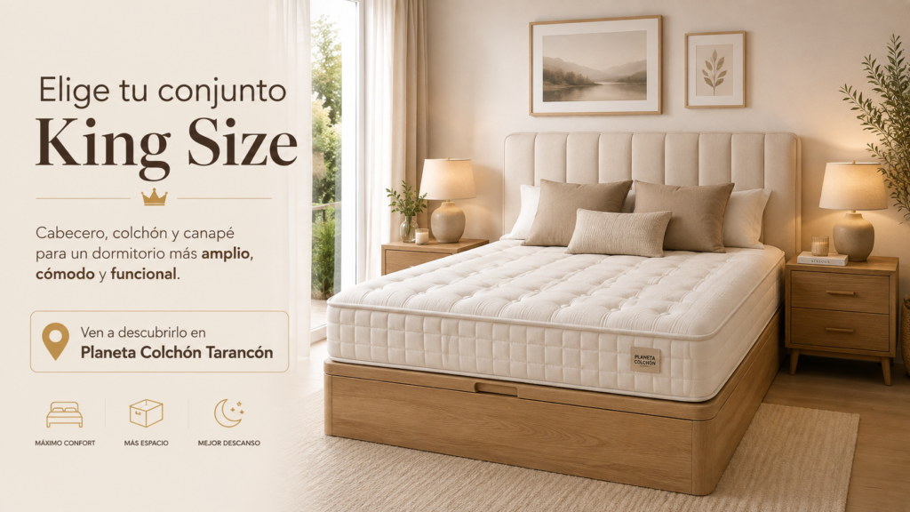 Dormitorio King Size con cabecero, colchón y canapé de madera, acompañado de texto invitando a descubrirlo en Planeta Colchón Tarancón.