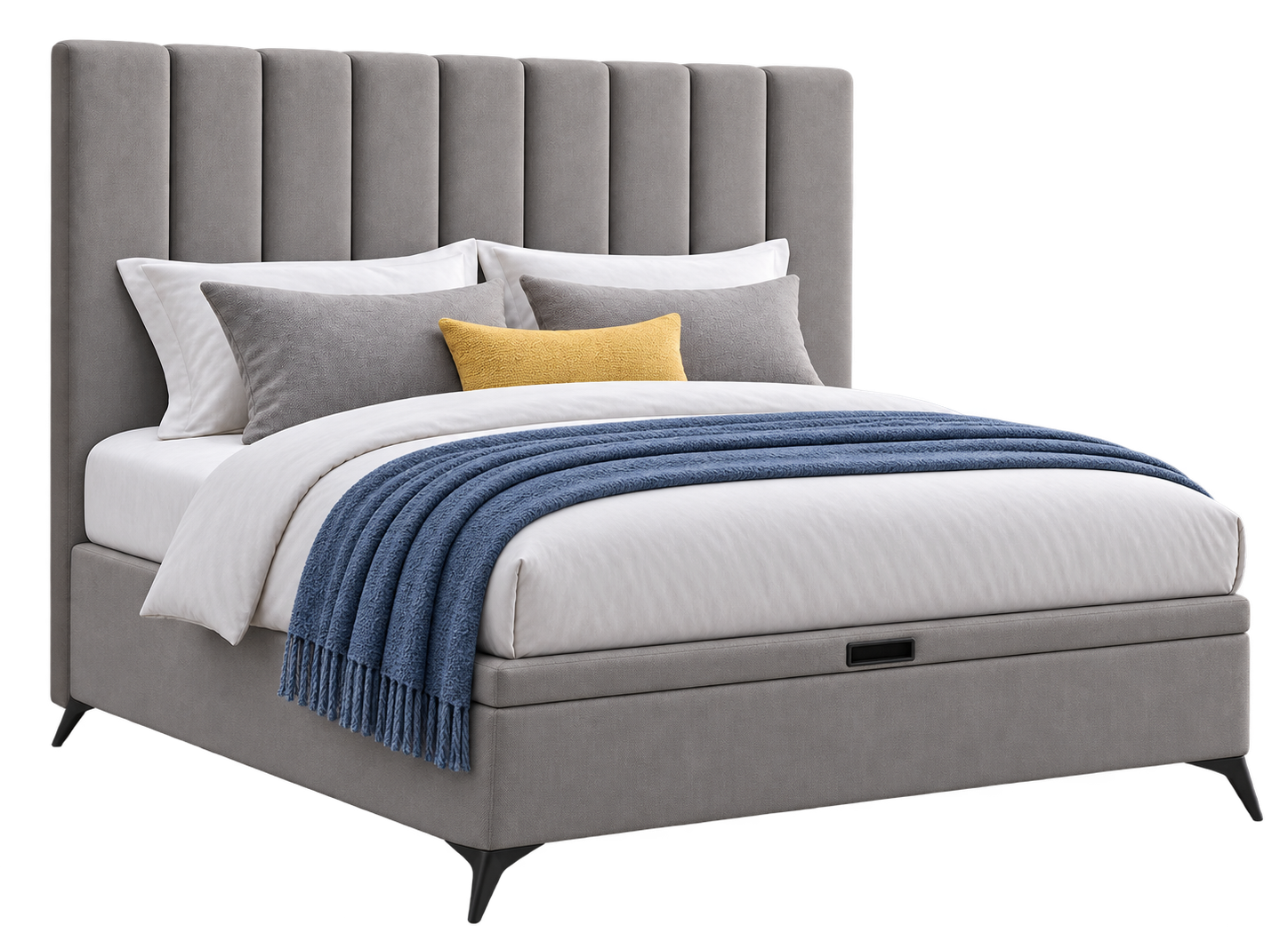 Cama con cabecero Manhattan tapizado en gris, canapé a juego Alina, ropa de cama blanca, manta azul y cojín amarillo