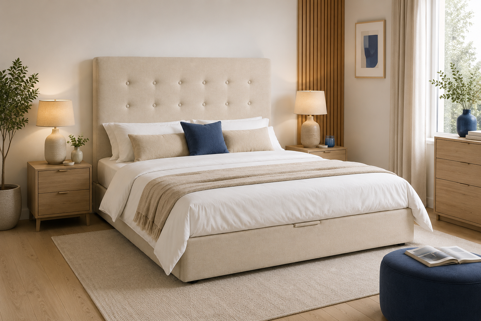 Cabecero tapizado Florencia en dormitorio elegante, combinado con canapé a juego, ropa de cama en tonos neutros y detalles decorativos azules.