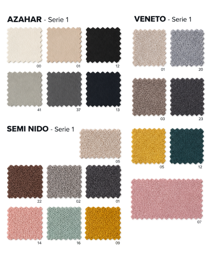 Muestrario de tapizados Serie 1 para cabeceros Planeta Colchón, con colecciones Azahar, Semi Nido y Veneto en diferentes colores y acabados.