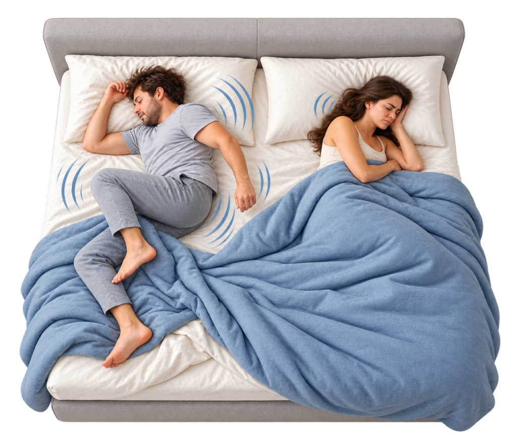 Pareja durmiendo en una cama mientras el movimiento de uno de los durmientes se transmite hacia el otro lado.