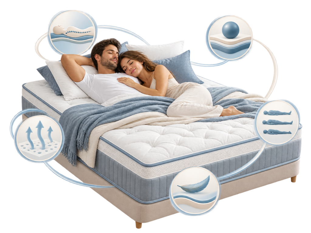 Pareja descansando sobre un colchón con iconos que representan adaptación, transpirabilidad, firmeza y confort.