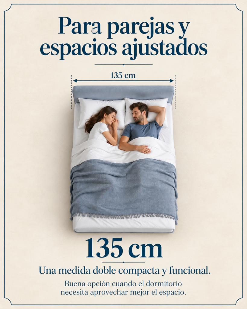 Cama de 135 cm para parejas que buscan una medida compacta en dormitorios con espacio limitado.