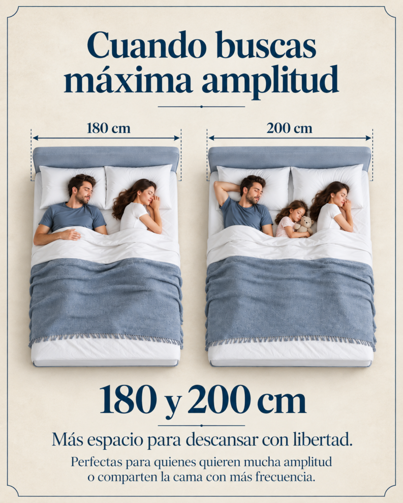 Comparativa de camas de 180 y 200 cm para parejas que buscan máxima amplitud al dormir.