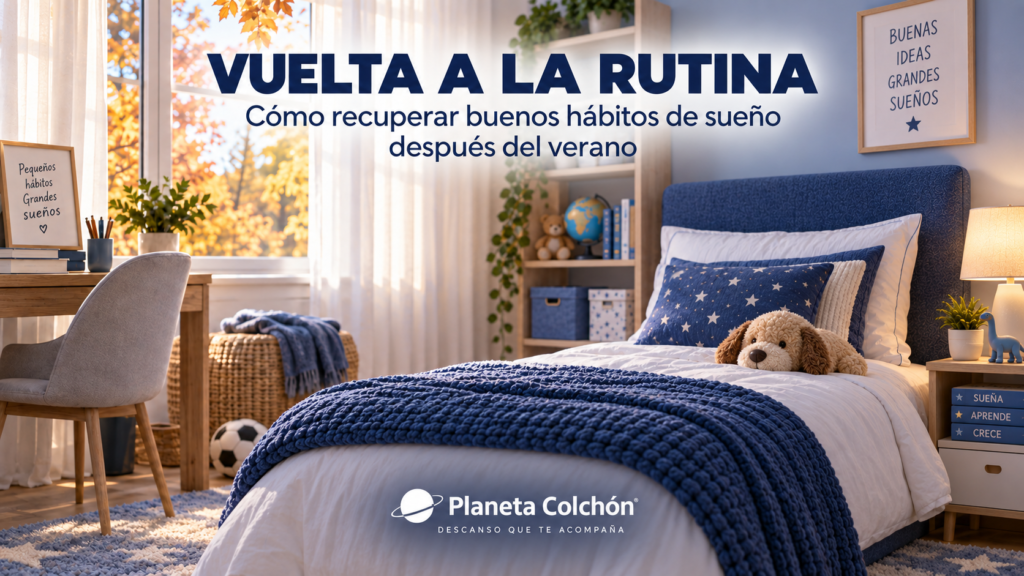 Niño durmiendo en una cama junto a una lista de hábitos para la vuelta a la rutina y recuperar buenos hábitos de sueño.