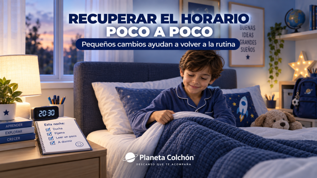 Niño leyendo en la cama en un dormitorio tranquilo y ordenado preparado para favorecer el descanso.