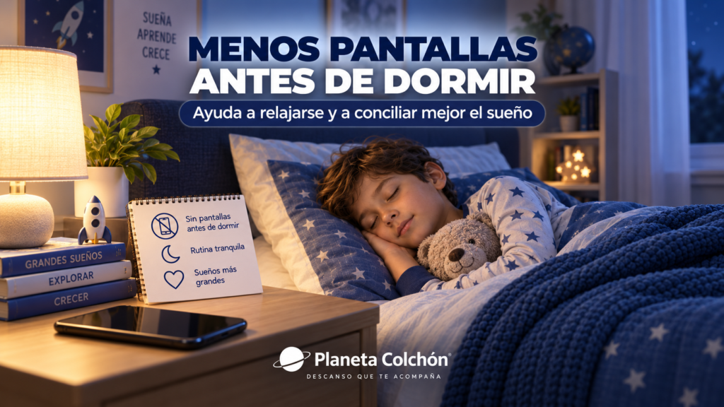 Niño dormido en su cama después de dejar el móvil, como parte de una rutina tranquila antes de dormir.