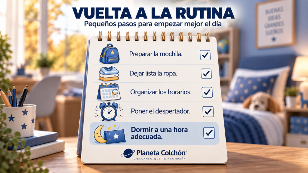 Lista para la vuelta a la rutina con mochila, ropa, horarios, despertador y una hora adecuada para dormir.