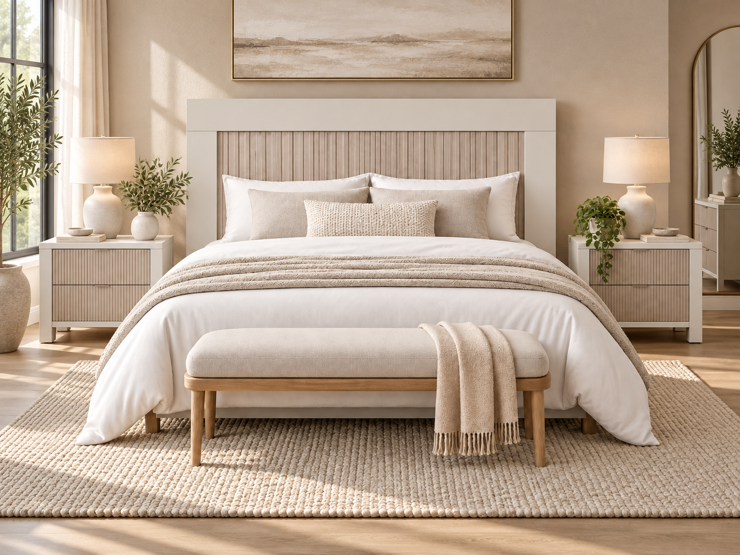 Cabecero Verona instalado en dormitorio luminoso con cama blanca y mobiliario en tonos neutros.