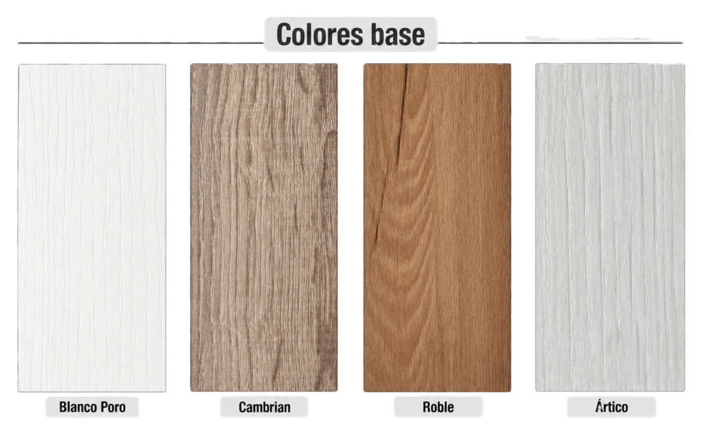 Combinaciones de color del cabecero Brisa en Ártico, Blanco, Cambrian y Roble.
