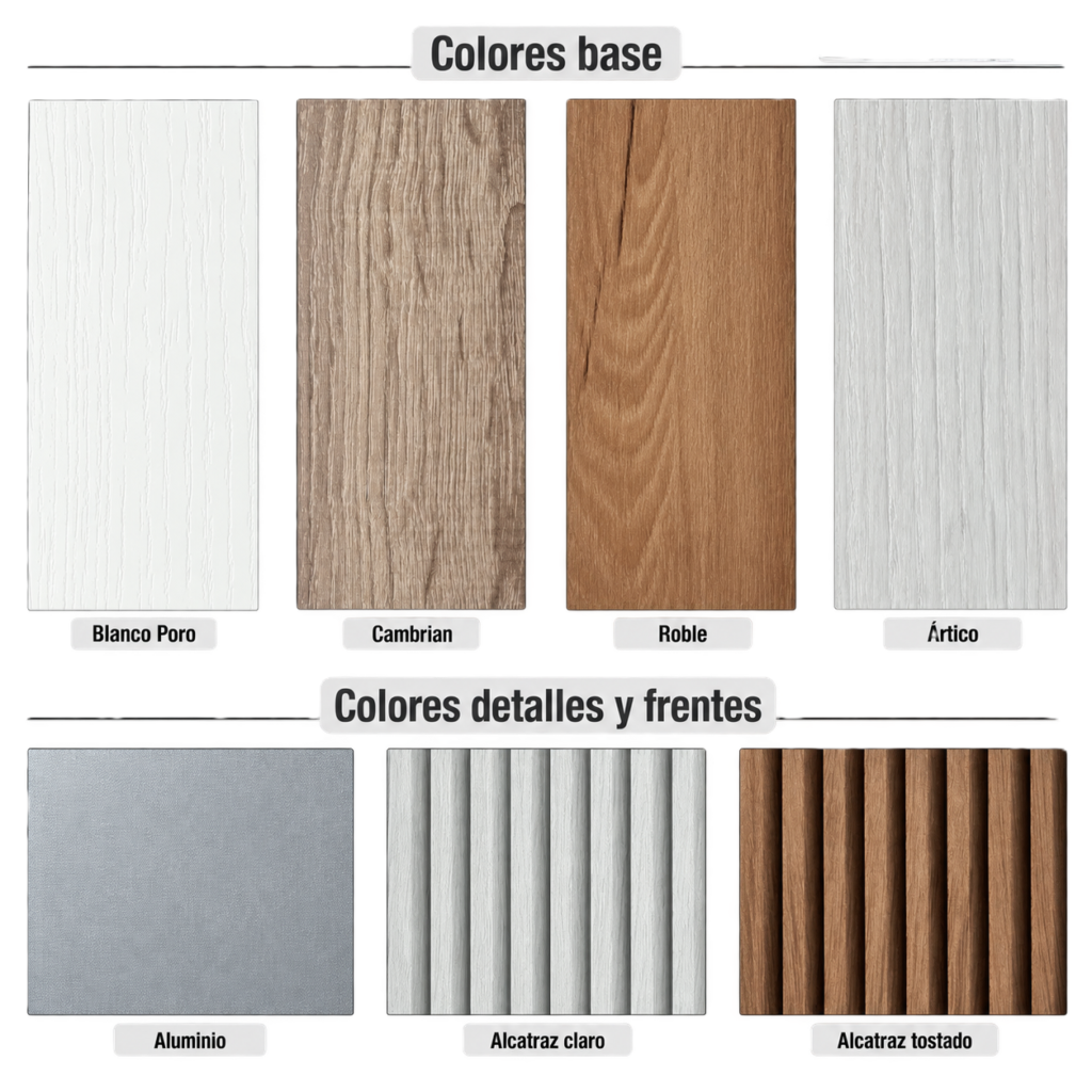 Combinaciones de color del cabecero Nórdico en Ártico, Blanco y Plata, Cambrian y Blanco, Alcatraz Claro y Alcatraz Tostado.