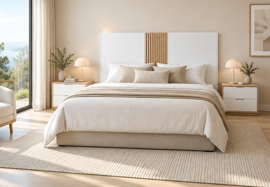 Dormitorio amplio con cabecero Ártico en blanco y listones centrales en acabado roble