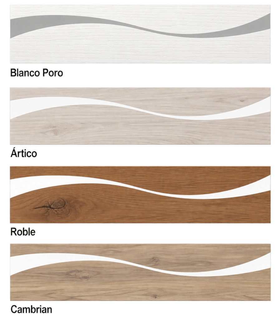Combinaciones de color del cabecero Brisa en Blanco Poro/Plata, Ártico/Blanco, Roble/Blanco, Cambrian/Blanco.