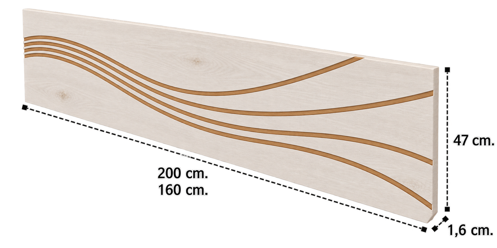 Cabecero Duna en acabado Ártico con detalles en roble y cotas de 160 o 200 cm de ancho, 47 cm de alto y 1,6 cm de fondo