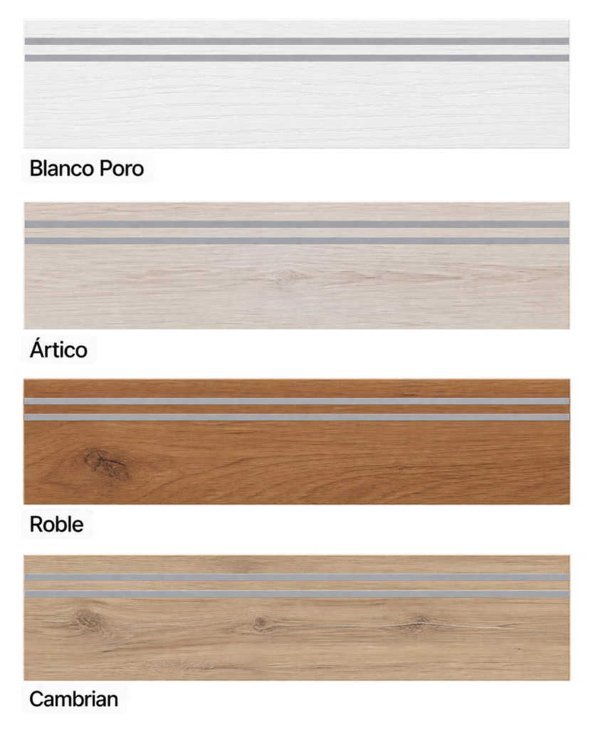 Combinaciones de color del cabecero Líneas en Blanco Poro/Plata, Ártico/Plata, Roble/Plata, Cambrian/Plata.