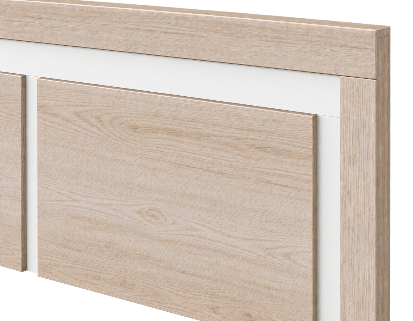 Detalle del cabecero Nórdico con panel de madera clara, marco exterior y fondo blanco