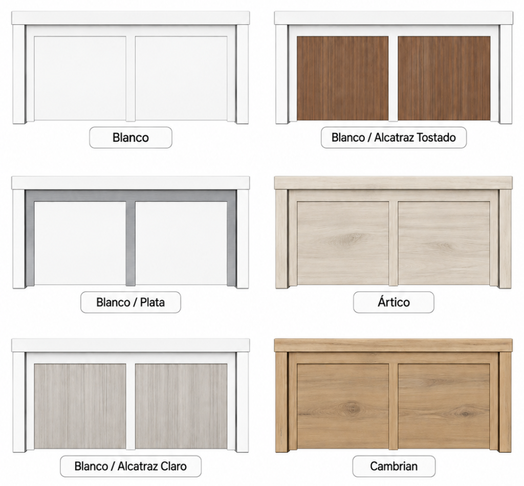 Acabados disponibles del cabecero Nórdico en Blanco, Blanco Plata, Blanco Alcatraz Claro, Blanco Alcatraz Tostado, Ártico y Cambrian