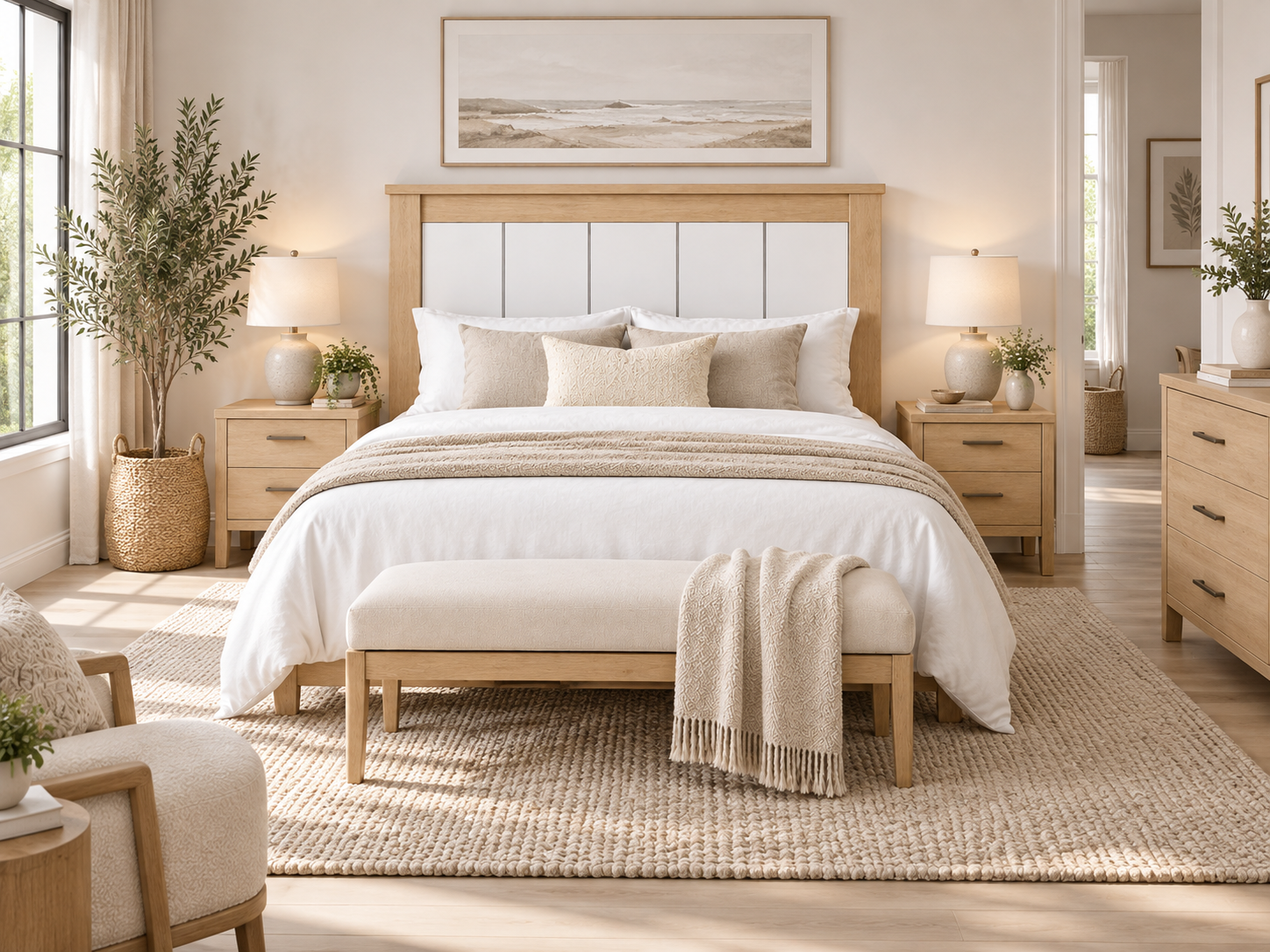 Dormitorio amplio con cabecero Toscana en acabado Cambrian y Blanco, mesillas a juego y ropa de cama neutra