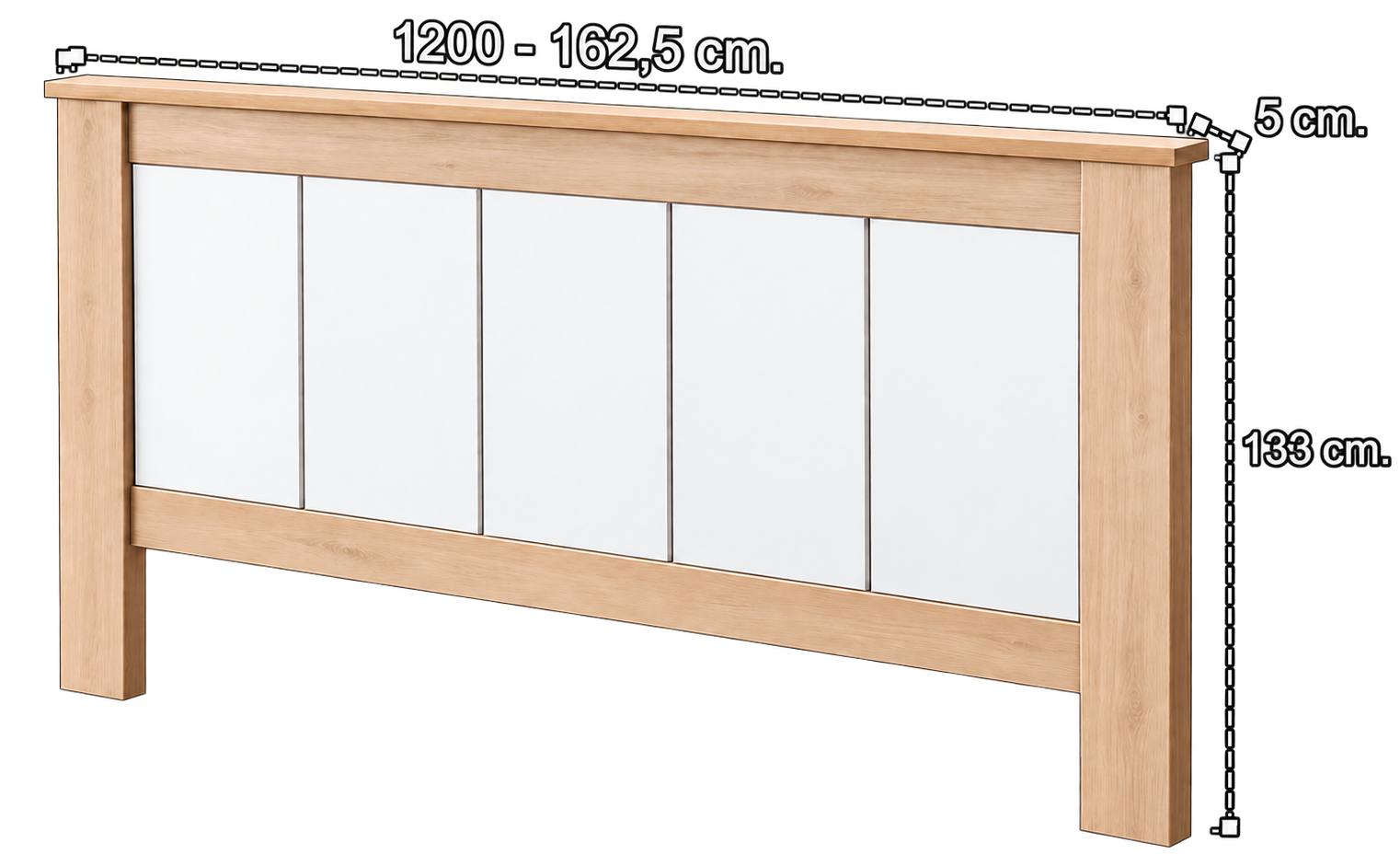 Cabecero Toscana con medidas de 120 a 162,5 cm de ancho, 133 cm de alto y 5 cm de fondo