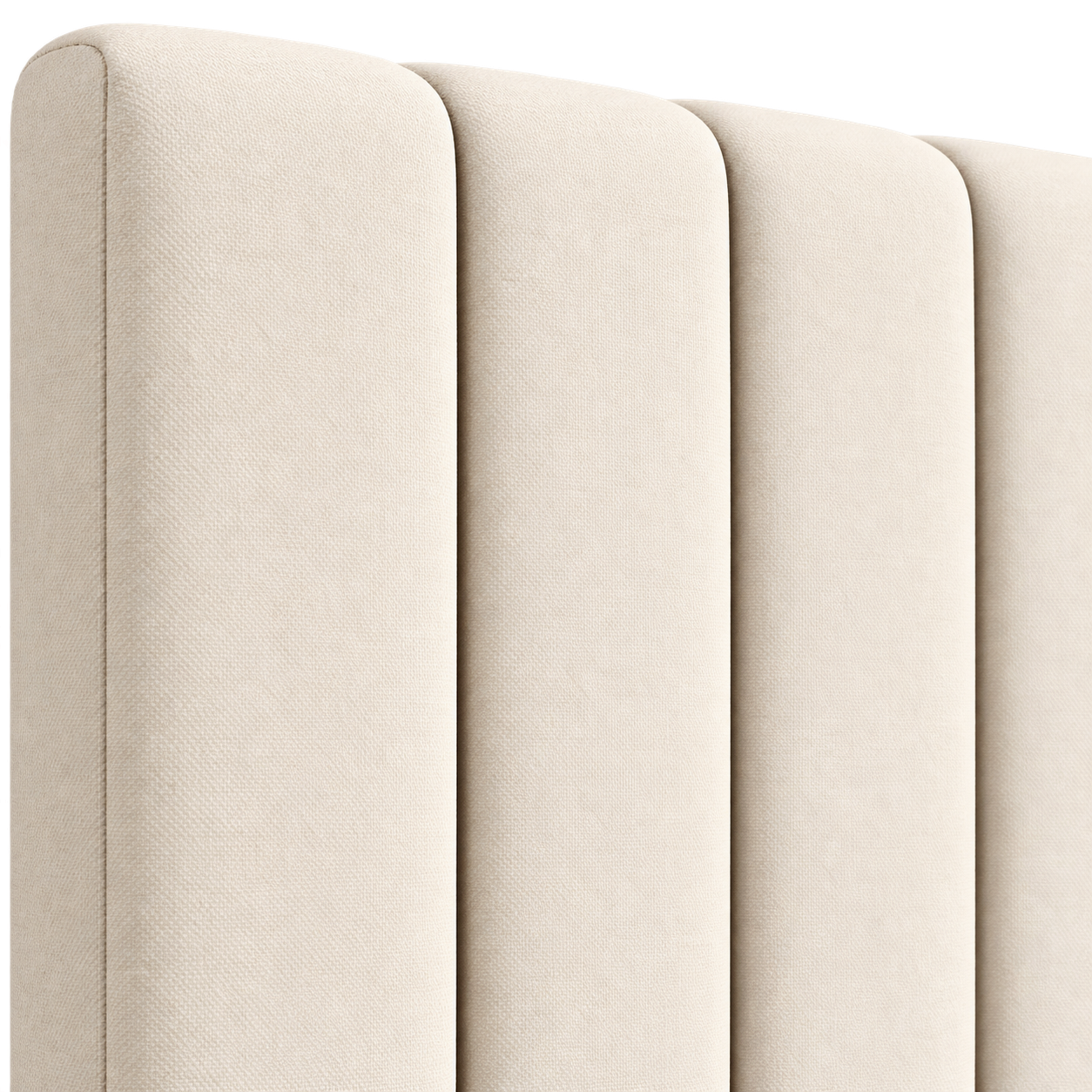 Detalle del cabecero Manhattan en beige, mostrando la textura del tejido y los canales verticales acolchados