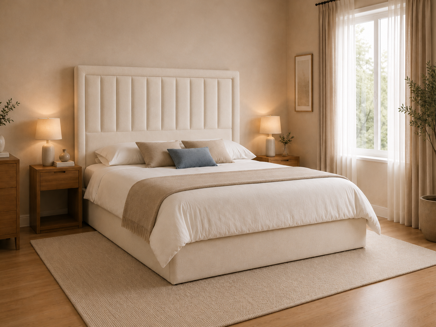 Cabecero Manhattan en dormitorio moderno con canapé tapizado a juego y decoración en tonos beige y azul grisáceo