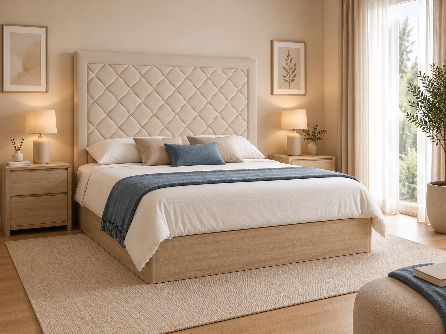 Cabecero Milán en dormitorio moderno con canapé de madera, mesillas a juego y decoración en tonos beige y azul grisáceo